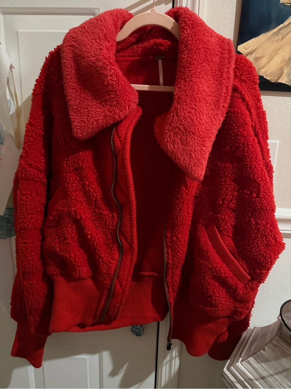 Free People Red Teddy Sherpa Bomber Jacket